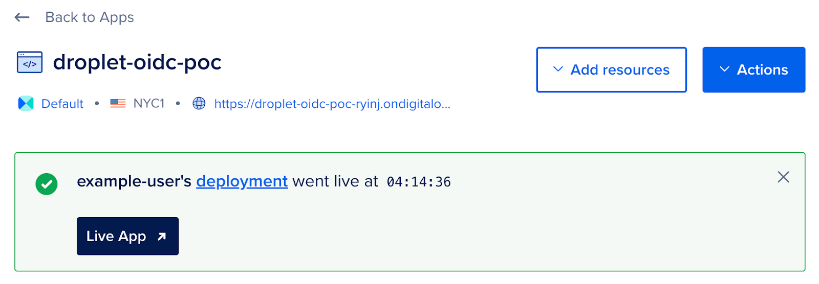 Clicking the “Live App” button to open the deployed OAuth application.
